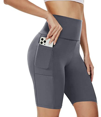 AMIYOYO Radlerhose Damen mit Taschen High Waist Sporthose Kurze Leggings Blickdicht Sportshorts Dehnbar Hotpants Bequem für Sommer Yoga Fitness Gym(Dunkelgrau,L-XL=DE42-48)