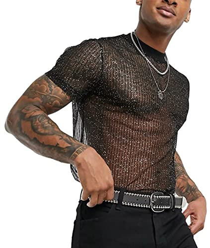 AIEOE Herren Sexy T-Shirt im Glitzer-Look Atmungsaktive Clubwear Rundhals Oberteil Schwarz EU Größe M/Herstellergröße XL