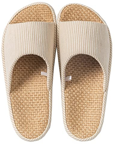 MAGILONA Womens House Slippers Summer Open Toe Tatami Straw Men's Indoor Shoes,Bedroom Linen Lightweight Slip Silent Slippers (8-9 US/260mm 41/42,Beige#1)