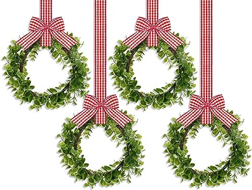 WILLBOND 4 Stück künstliche Küchenschrankkränze Buchsbaum-Girlande mit Band, künstliche grüne Blätter, Girlande, dekorative hängende Kränze für Schrank, Wand, Fenster, Haustür, Dekorationen (Rot und