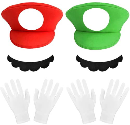 YOUYIKE 6 Stück Cosplay Kostüm Zubehör, mit Rot Grün Mützen, Handschuhen Klebe-Bärten, Brüder Kostüm Hut Cap für Fasching, Halloween& Cosplay (Rot+Grün)