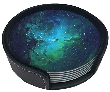 Lot de 6 dessous de verre ronds en cuir avec support pour la maison et la cuisine Vert galaxie 9,9 cm