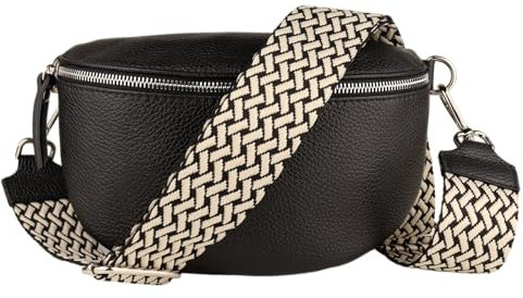 MIRROSI® Bauchtasche Damen, Echtleder, Made in Italy, Umhängetasche, Brusttasche, Crossbody Bag (1 Tasche & 2 Gurte) (Schwarz (FLECHT Schwarz), Große Tasche (28x18x9cm))