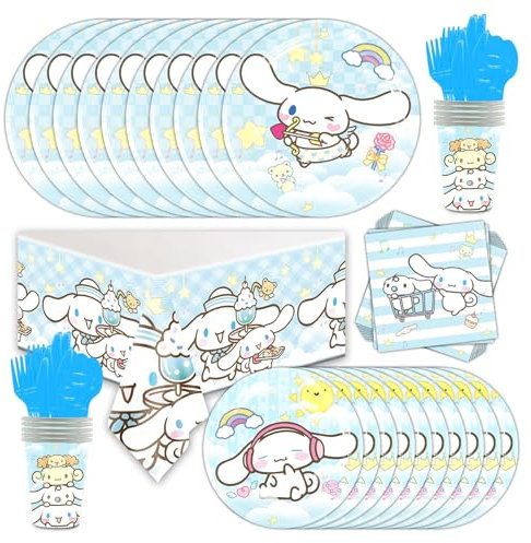 Roffatide Juego de 81 platos y vasos y servilletas de fiesta de anime Cinnamoroll para niñas y niños, suministros de fiesta kawaii, decoraciones de cumpleaños de anime para cosplay, para 10 invitados
