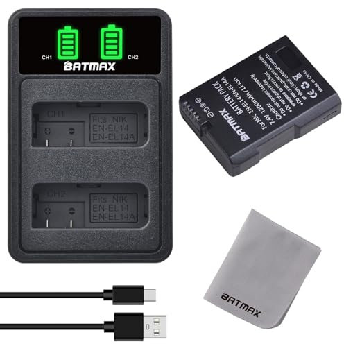 Batmax EN-EL14 EN-EL14A Akku und Ladegerät mit Typ-C-Anschluss Kompatibel mit Nikon Coolpix P7000, Coolpix P7100, Coolpix P7700, Df, D5100, D5200, D5300, D3100 D3200 D3300 D3400 D3500