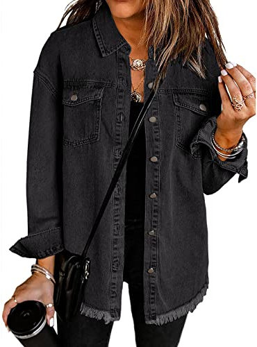 Roskiky Veste surdimensionnée boutonnée pour femme - Ourlet rayé - Manches longues - Poches - Denim - Veste en jean, Noir , XXL