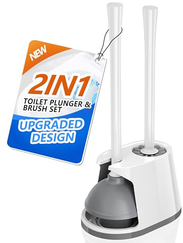 Toilet Plunger and Brush Set, Bowl Brush and Heavy Duty Toilet Plunger with Ventilated Holder, 2-in-1 Toilet Brush and Plunger Combo for 5.3-inch Toilet Drain Bathroom Deeply Cleaning(White & Grey)