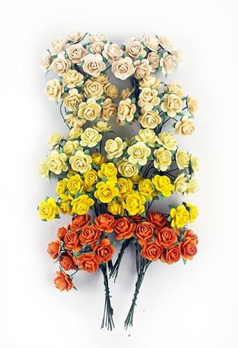 KADADSA 100 Stück winzige künstliche Rosen, gemischte orange-gelbe Farbtöne, fünf Farben, Maulbeerpapierblumen, 15–18 mm, Blumen, Hochzeit, Scrapbooking