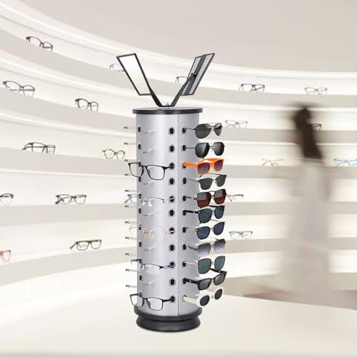 Brillenhalter-Organizer mit Spiegel, 44 Paar Sonnenbrillenständer, um 360° drehbarer Sonnenbrillen-Präsentationsständer, Brillenhalter-Ständer, Laden, Arbeitsplatten-Brillenständer, Brillen-Display-Dr