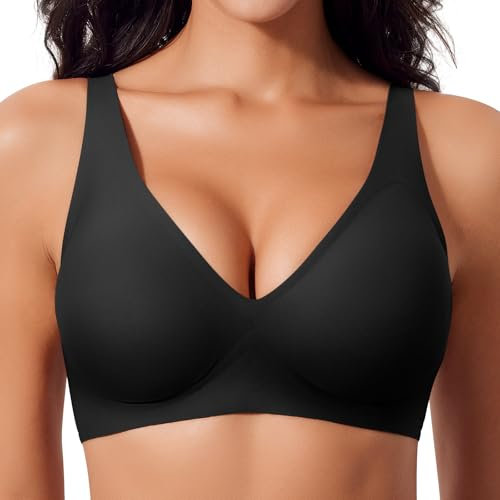 Ganado Damen BH Tiefem V-Ausschnitt Nahtloser BH Ohne Bügel Push Up BHS Bralette Soft Bequem BHS Bügellos Bustier (Schwarz, M)