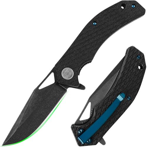 FULLHI Couteau de Chasse, Lame en Acier D2 de 3.26 Pouces, Manche G10, EDC avec Clip de Poche, Unisexe, Affûté pour la Survie et la Randonnée