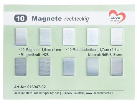 Ideen mit Herz | Mini Imanes Rectangulares | 10 Unidades | Pequeños Planos para Manualidades | 1,5 cm x 1 cm | 10 Discos Metálicos Contrapartes 1,7 cm x 1,2 cm