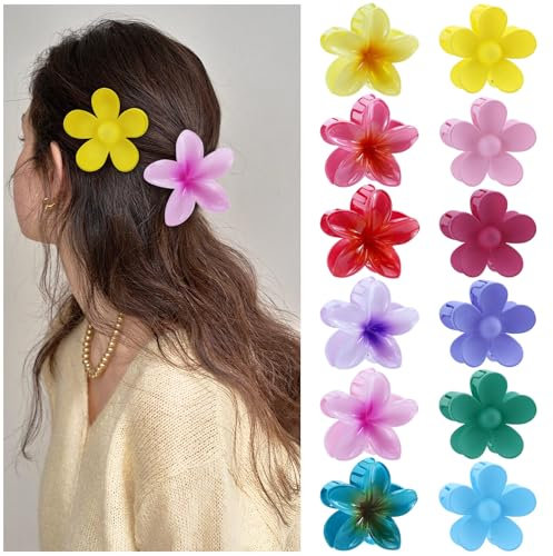 Feelhap 12 Pièces Pinces à Cheveux Fleur, Pince Cheveux Fleur Acrylique Antidérapante Grandes Pinces à Griffes Fleur,Pince Fleurs Cheveux Plumeria Colorée Accessoires de Cheveux pour Femmes et Filles