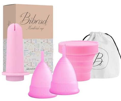 Bibrad Coppetta Mestruale con Applicatore - 2 Coppette Mestruali Taglia M, 1 Applicatore, 1 Sterilizzatore, 1 Borsa da Trasporto - 100% Morbida Silicone di Grado Medico Lavabile e Riutilizzabile