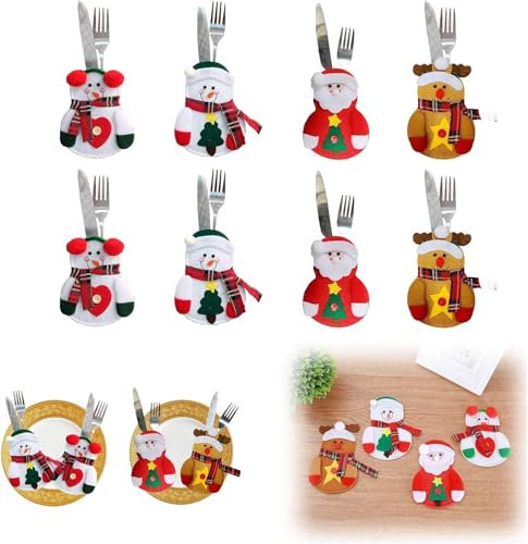 Zempertoopa 8 bolsas para cubiertos de Navidad, soporte para cubiertos, Papá Noel, reno, muñeco de nieve, para cuchillo y tenedor, decoración navideña