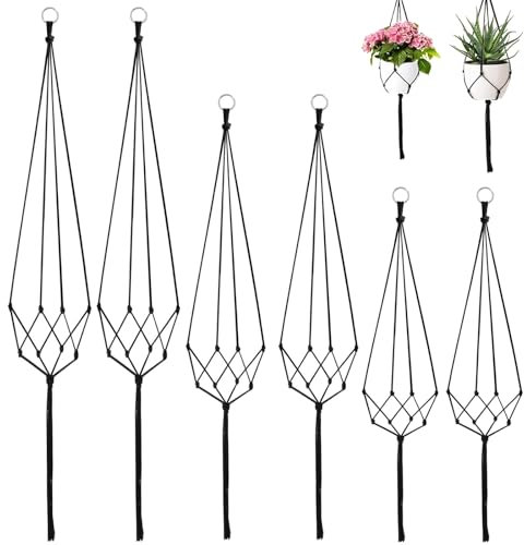 6 Pezzi Vasi Sospesi per Piante, Porta Vasi da Appendere con Nappa, Portavaso Sospeso per Piante da Interno ed Esterno - per Balcone Decorazioni da Giardino (Nero)