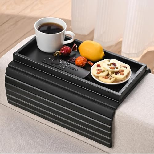 Oungy Sofatablett Armlehnen Tabletts, Rutschfestes Sofaablage aus Bambus, Couch Tablette Armlehne, Flexibel und Faltbar Sofa Tablett Armlehne für Snacks, Tassen, Handy, Steuerung (Schwarz)