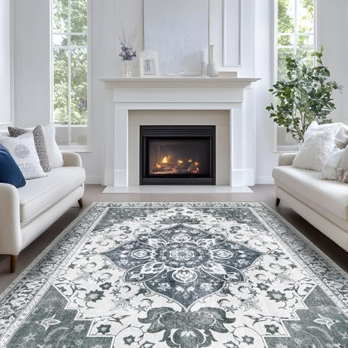Luogort Grau Teppich Wohnzimmer 160x230cm, Waschbarer Vintage Teppich Kurzflor Teppiche mit Rutschfester Rückseite – Weich, Kindersicher & Pflegeleicht für Büro Esszimmer Kinderzimmer