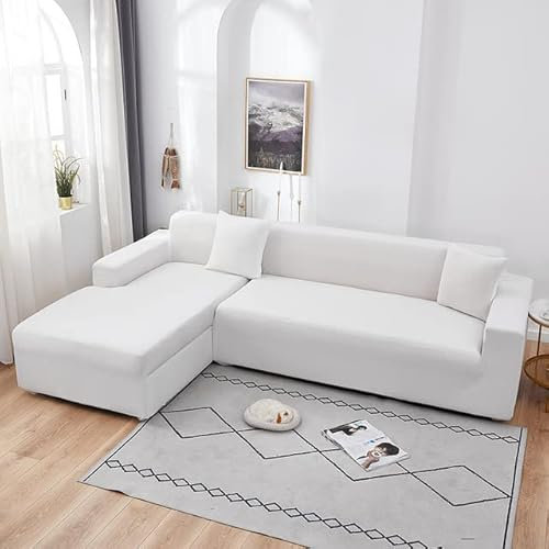 Elastischer Sofabezug für L-förmige Chaiselongue, Wohnzimmer, Eckcouch, Schonbezug für 4-Sitzer, 235 x 300 cm, Weiß