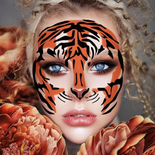 ZELAITE Gesichtstattoo Tiger Temporäre Tattoos, Face Tattoo Tiger Gesichtstattoo Karneval Tiger, Kinder Party Gesicht Aufkleber für Halloween Party Karneval Festival (A)