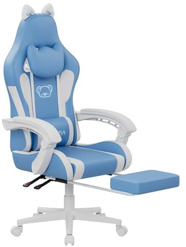 bigzzia Gaming Chair Cute with Cat Ears and Massage Lumbar Support, Ergonomic Computer Chair for Girl with Footrest and Headrest (Blue and White)