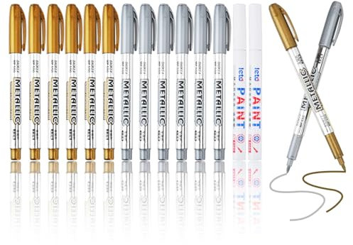 14 Pezzo Pennarelli Oro e Argento, Marcatore a Vernice Lucida Paint Marker Pennarello Indelebile Acrilico con 2 Penne Bianche, Pennarelli Glitter per Ceramica Vetro Artigianato Carta Metallo Legno