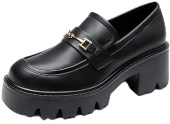 DREAM PAIRS Loafer Damen Elegante Plateau Schuhe | Trendiger College-Stil, 6,6 cm Plateauabsatz, Weiche Memory Foam Sohle, Runde Zehenpartie mit Kettendetail, PU oder Lackleder