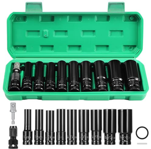 Gueenky 11 Pièces Douille à Choc Longue, 1/2'' Douille Clé à Choc 10-24mm, Coffret de Douille à Choc 6 Pans avec Adaptateur de Douille pour Réparation de Voitures Changement de Pneus
