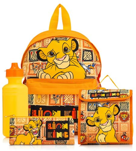 Disney Zaino per la scuola per bambini con motivo Re Leone, 4 pezzi, include borsa per il pranzo, bottiglia d'acqua, astuccio, zaino per ragazzi e ragazze con tasca a marsupio, set per il rientro a
