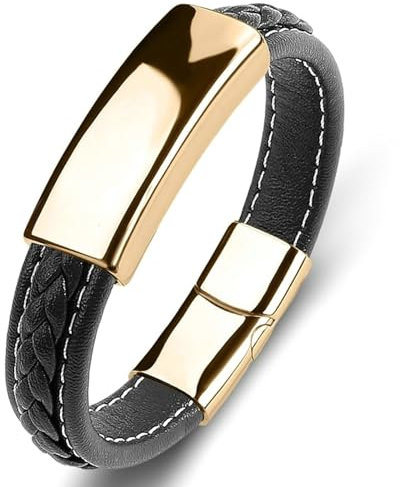 Aotiwe Bracelet Men Leather, Armreif Herren Breit Gold Schwarz U Form aus Stahl 16.5cm Jahrestag Geschenk