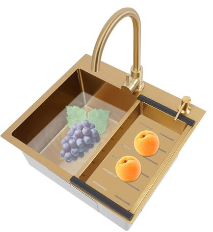 TONFEION Fregadero de cocina, 50 x 45 cm, acero inoxidable, empotrable con grifo giratorio y dispensador de jabón, bajo ruido, drenaje rápido, fregadero dorado, para el hogar y la gastronomía