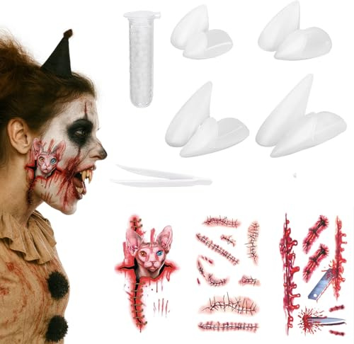 Juego de dientes de vampiro de Halloween para adultos, 4 tamaños, 3 unidades, tatuajes de Halloween, accesorios de disfraz para cosplay, fiestas, decoración de vampiro, garabatos con pegamento
