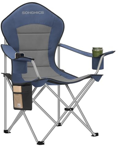 SONGMICS Campingstuhl, klappbar, tragbar, breiter Sitz, hohe Rückenlehne | Outdoor-Stuhl, mit Getränkehalter, Handyhalter, Stoff-Organizer, blau-grau, SANDY Kollektion GCB005QE01
