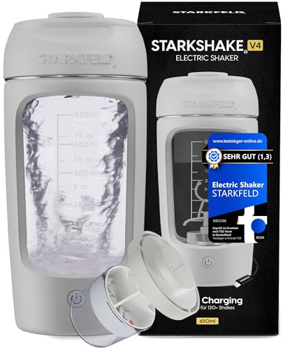 STARKSHAKE V4 F.A.Z.-Testsieger Elektrischer Protein Shaker & Mixer | 8000 UPM, 120+ Shakes pro Ladung, USB-C, inkl. STARKPOD Pillbox, für Eiweißshakes, Proteinpulver, Matcha und Kakao, Weiß