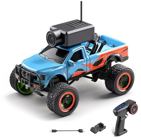 Luocute 1:64 Mini RC Car, 3 Speed 2.4G 4WD FPV Remote Control Off Road Vehicle with HD Camera, Gyro, LED Lights, APP Controlled Model Vehicle, for Kids Adults (Blue)