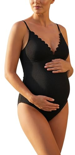 Maillot de Bain Grossesse Femmes Une pièce Bikini Maternité Col en V Maillot de Bain Enceintes avec Coussinet de Poitrine Amovible (FR/ES, Alpha/Lettres, Moyen, Taille Normale, Taille Normale)