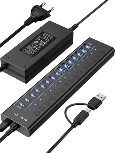 ACASIS Hub USB 3.2 de 16 Puertos, 8X USB-A + 8X USB-C, 10 Gbps, 96W | 16 puertos (8x USB-A, 8x USB-C), 10 Gbps, interruptores independientes con LED, adaptador 96W, carcasa aluminio, Plug & Play