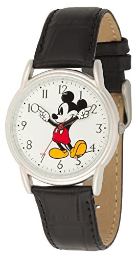 Disney Mickey Mouse Adult Classic Cardiff Articulating Hands Analog Quartz Leather Strap Watch, Black