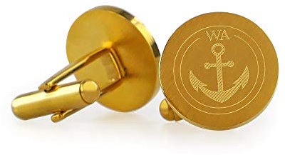Gravado Runde Manschettenknöpfe aus Gold-Edelstahl mit Anker Gravur und Personalisiert mit Initialen, Inkl. Geschenkbox, Herren Schmuck