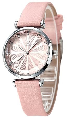 SHENGKE Uhren für Damen Mode Einfache Damenuhr Kreative Damenuhr wasserdichte Armbanduhr mit Lederband,Rosa