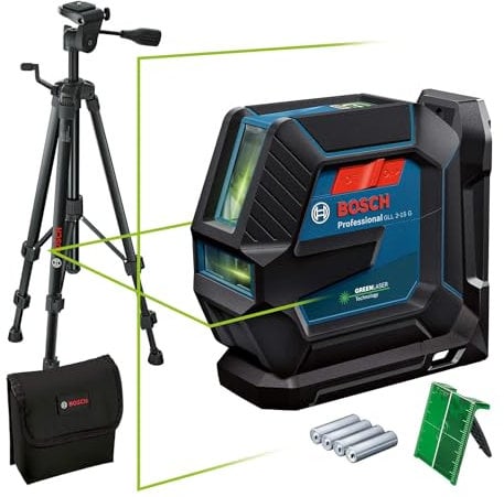 Bosch Professional Linienlaser GLL 2-15 G (grüner Laser, Innenbereich, Halterung LB 10, Stativ BT 150, sichtbarer Arbeitsbereich: bis 15 m, 4x AA-Batterie, in Kartonschachtel)