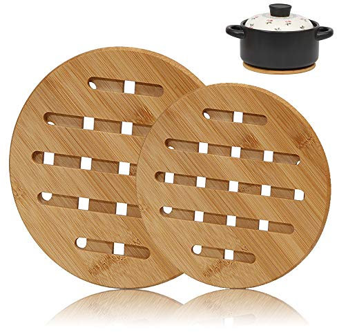 XGzhsa Salvamanteles de Bambú, Soportes Ollas Calientes, 2 Piezas Antideslizantes Gruesas esteras de bambú Resistente al Calor Protector de encimera de Cocina para ollas, sartenes, Platos (Redondos)