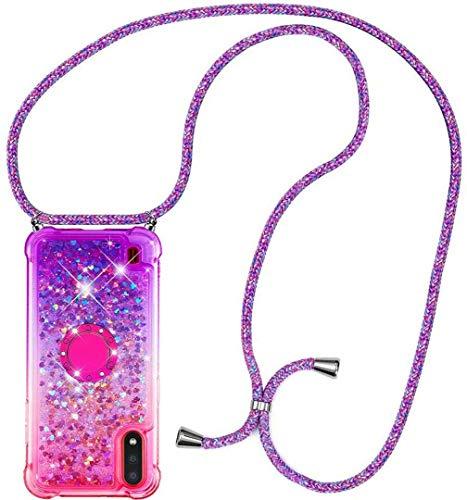 HongMan Handykette Hülle für Samsung Galaxy A10 / M10, Smartphone Necklace Glitzer Transparent Silikonhülle mit Band - Handyhülle Case mit Stylische Kette zum umhängen, Pink + Lila