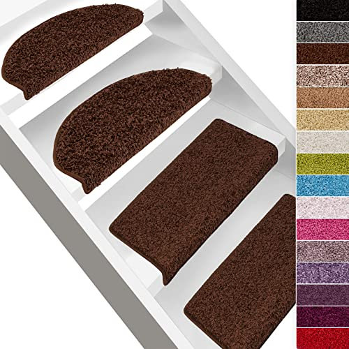 Floordirekt Shaggy-Stufenmatten Barcelona | Halbrund oder Eckig | Treppenmatten in 16 Farben | Strapazierfähig & pflegeleicht | Stufenteppich für Innen (Dunkelbraun, Rechteckig 65 x 23,5 cm)
