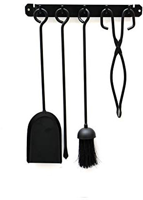 Schwarzes 4-teiliges Wandbesteck-Set bestehend aus Wandhalterung – Schaufel – Bürste – Schürhaken – Kamin – Kamin – Aufhängen – praktisch