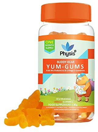 Physis Kids Multivitamin & Omega 3 Gummies | Ages 2+ | 30 Orange Flavour Chewable Gummies with Vitamins C, D, Omega 3 & More | Kids Chewies for Cognition, Energy & Support Growth | Children's Vitamins