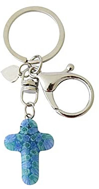 Schlüsselanhänger mit Kreuz aus Murano-Glas hellblau
