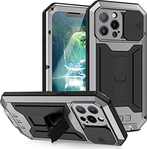 Metal Case for iPhone 13 Pro Max, Outdoor Heavy Duty Military Metal case Built-in Screen Kickstand Slide Cover Camera Lens Protector Dust/Shockproof Full Body Case (iPhone 13 Pro Max, Silver)