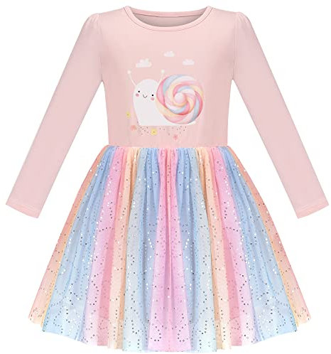 Robe Fille Rose Arc-en- Colorful Escargot Sucette Sequin Manche Longue 7 Ans