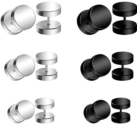 LAURITAMI 6 Pairs 16G Edelstahl Ohrstecker Stud Set Creolen Tunnel Ohrringe Fake Ears Plugs Schwarz Silber Schraube Helix Tragus Piercing 4-12mm